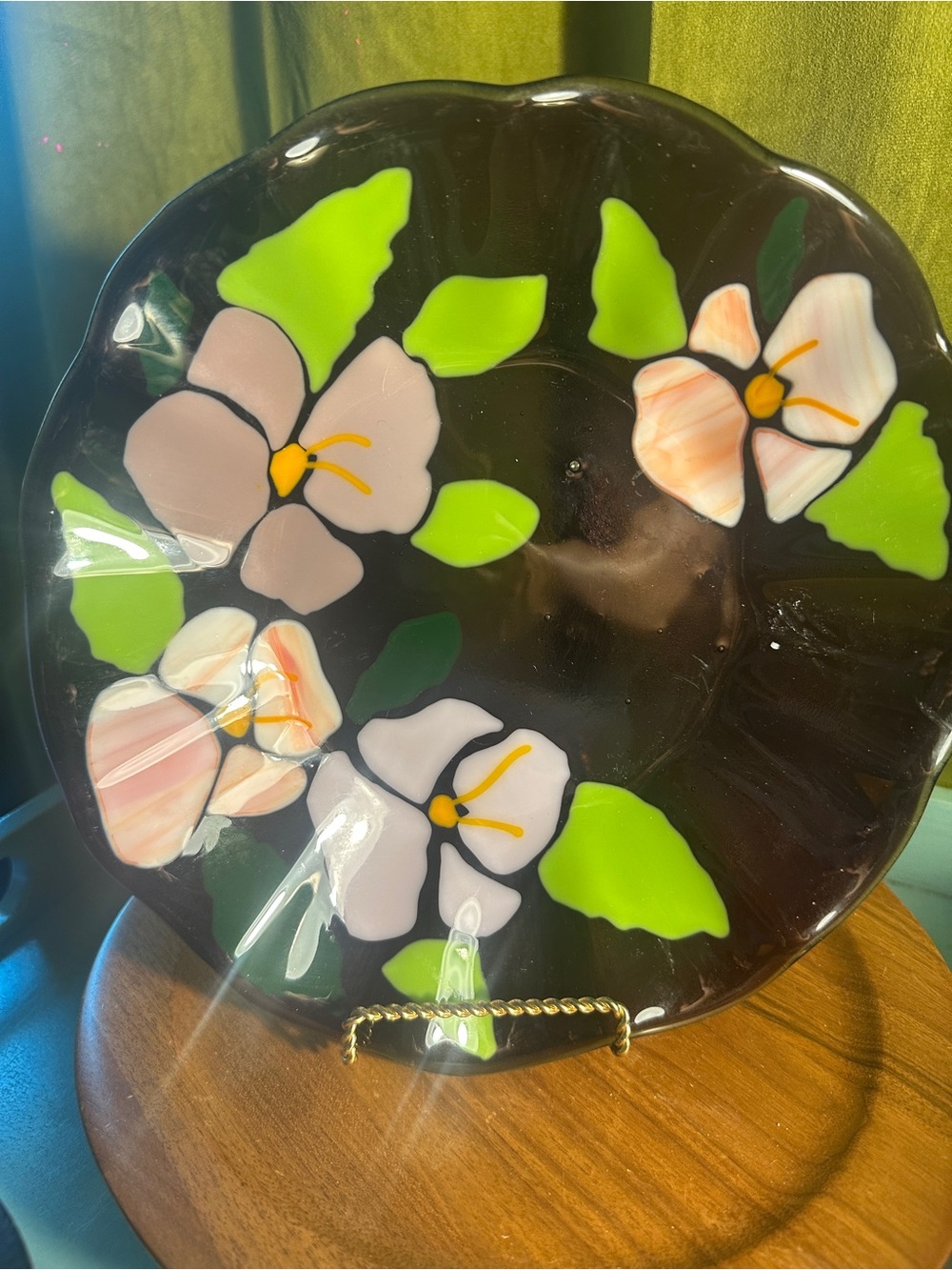 Handmade Black Floral Glass Art Plate with Pink and Green Accents